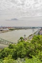 Stone cross on Gellert Hill with the River Danube, Budapest, Hun